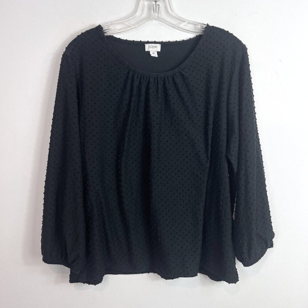 J Crew Swiss Dot Top Women’s XL Boho Peasant Popover Preppy Black Pleated